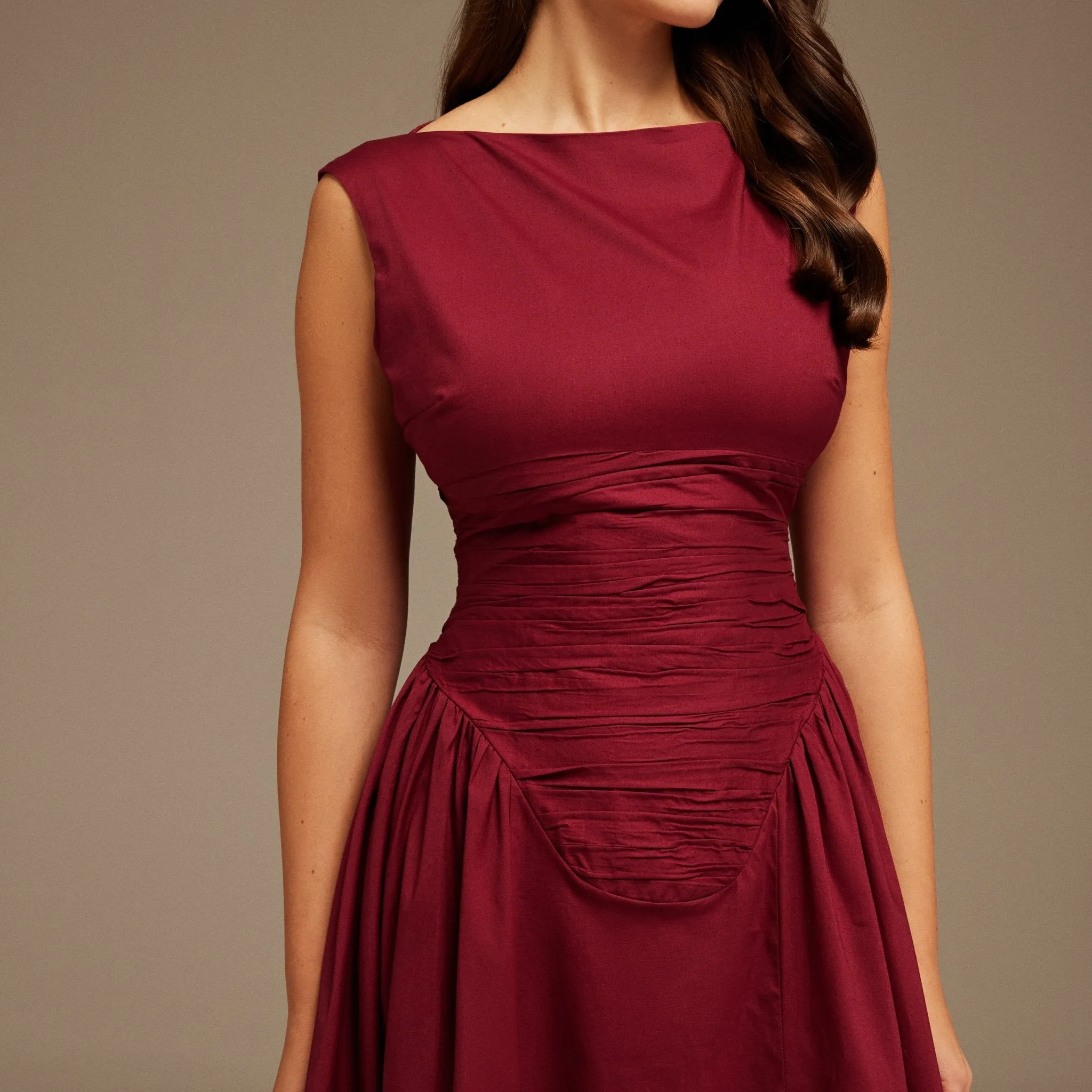 Burgundy Gathered Pleated Waist Midi Dress