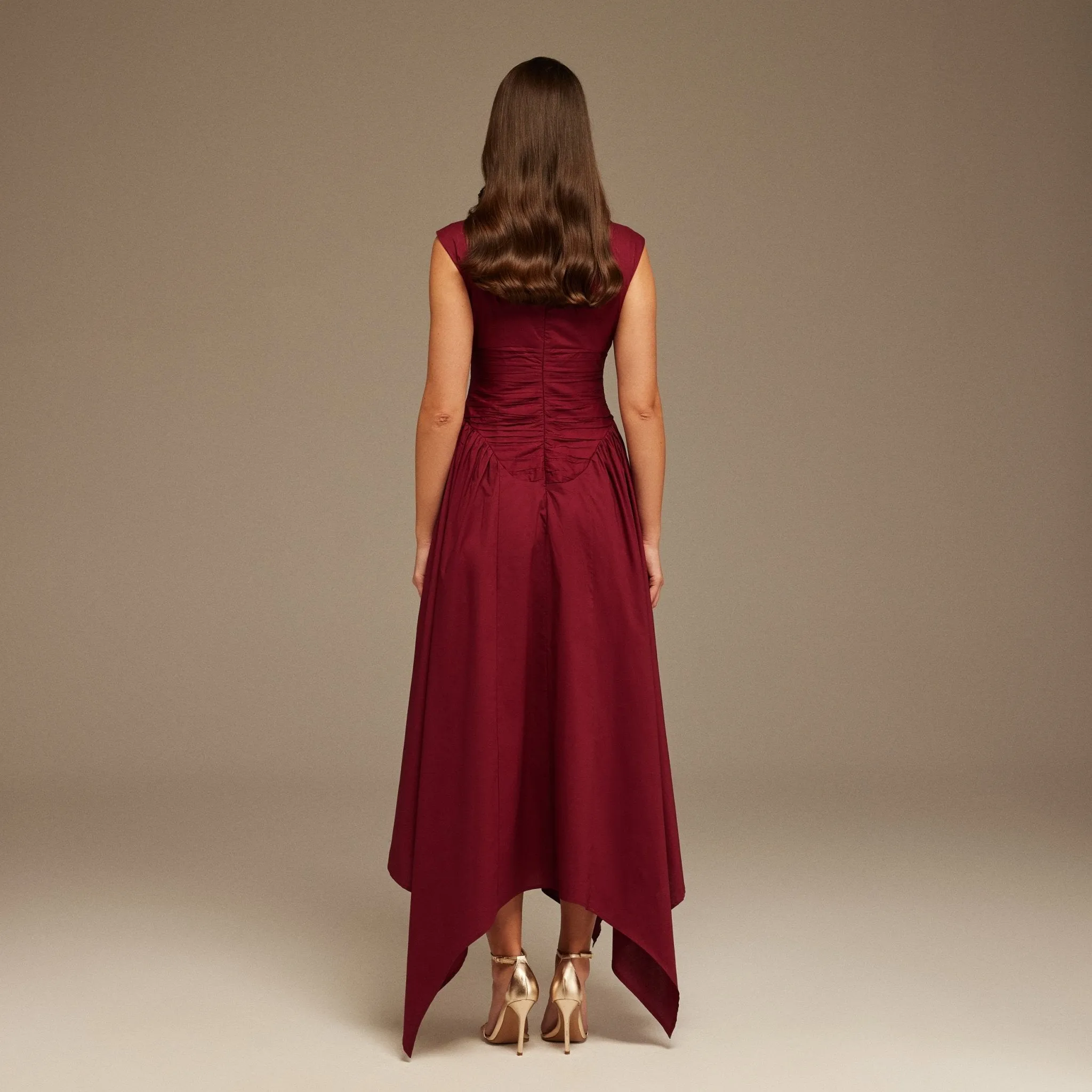 Burgundy Gathered Pleated Waist Midi Dress