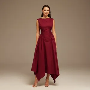 Burgundy Gathered Pleated Waist Midi Dress