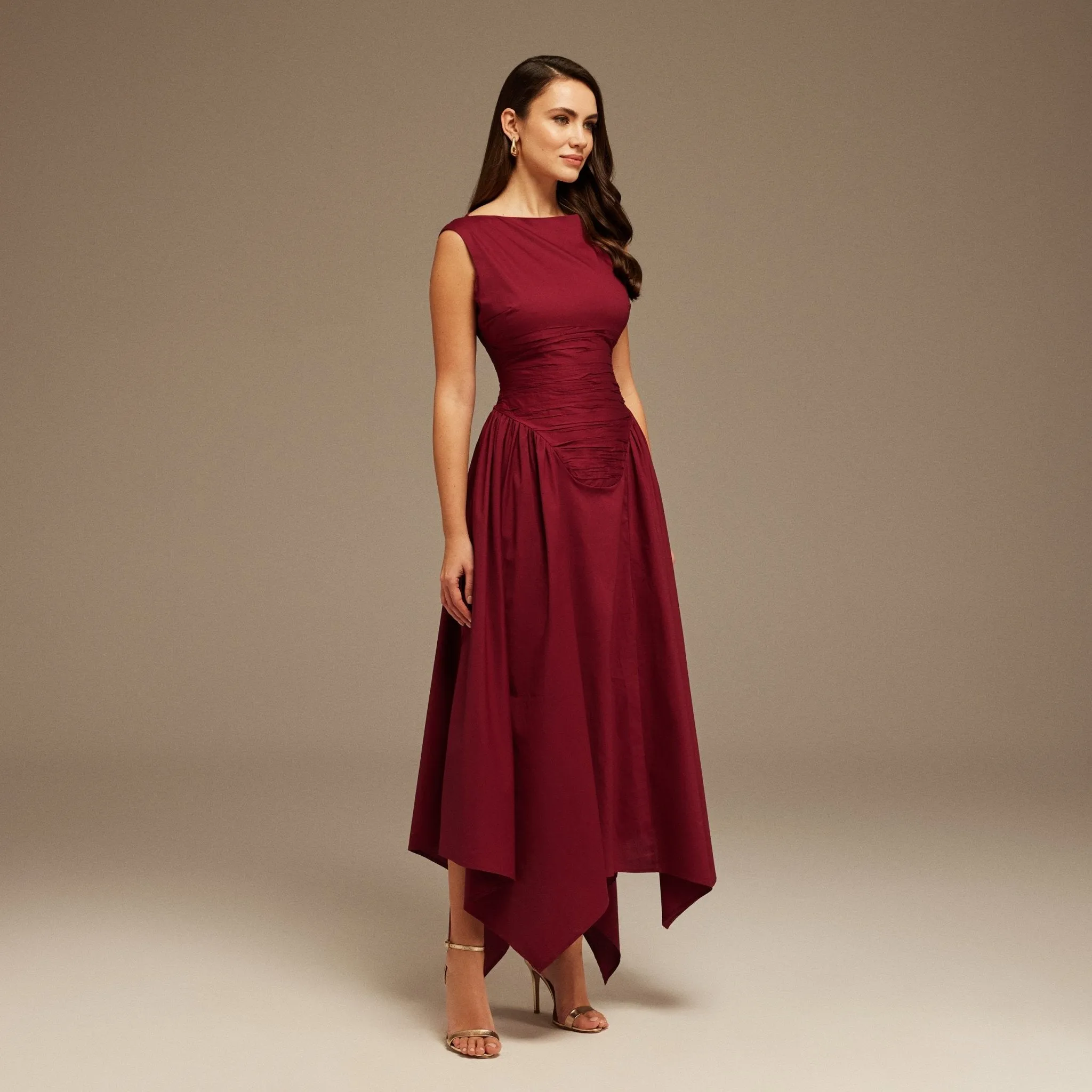Burgundy Gathered Pleated Waist Midi Dress