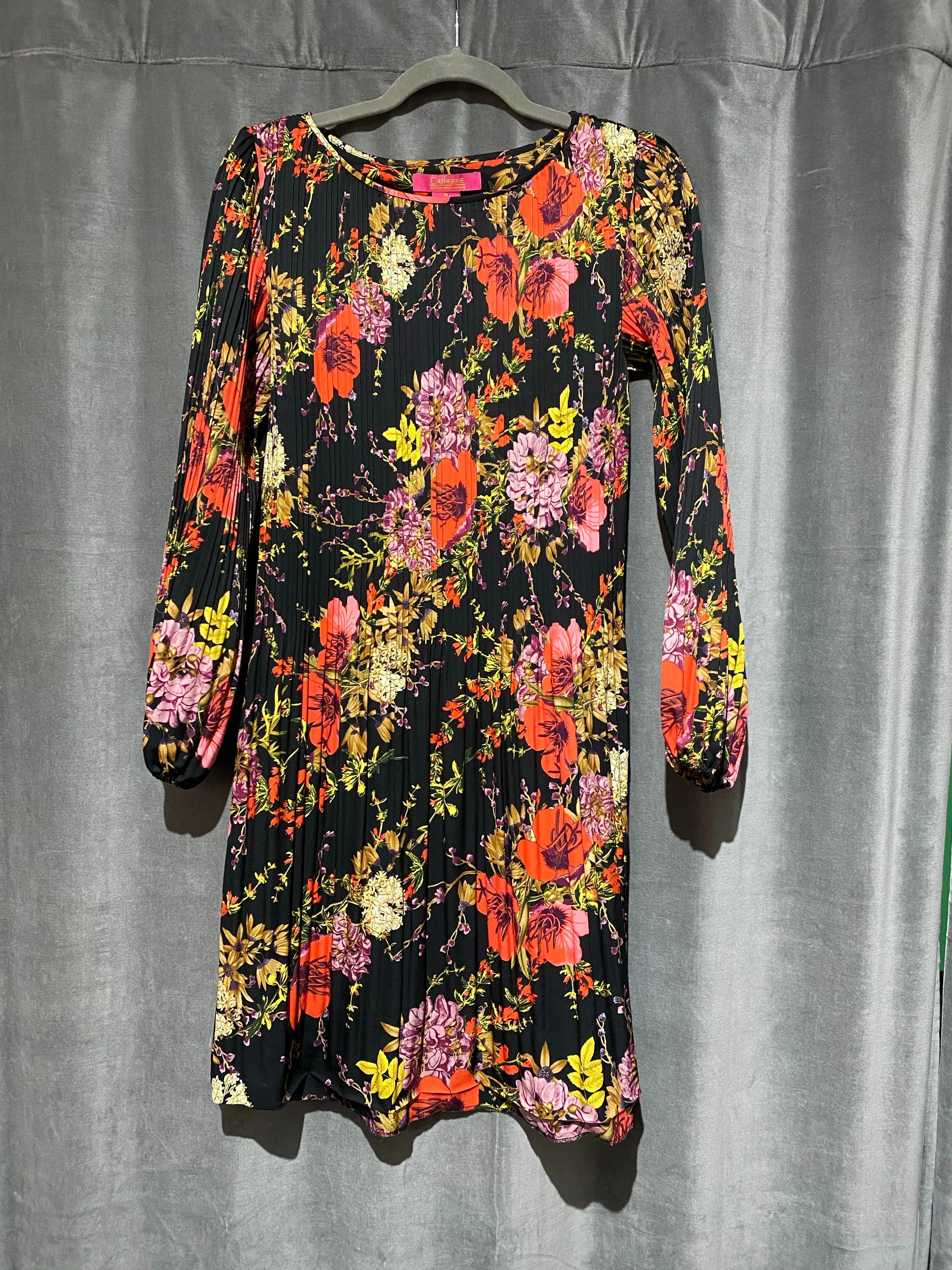 Catherine Long SLeeve Floral Print Vertical Pleated Mini Dress