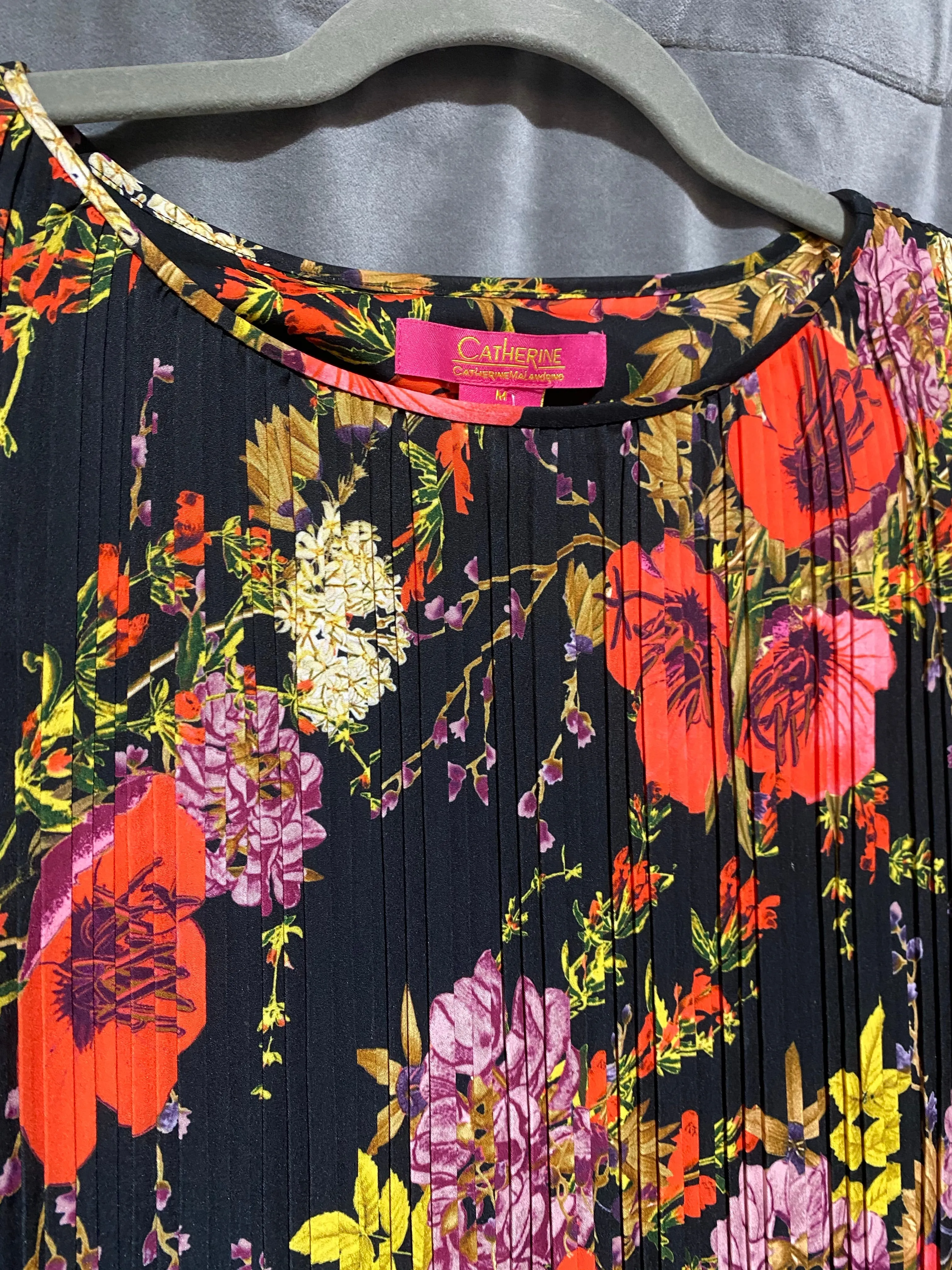 Catherine Long SLeeve Floral Print Vertical Pleated Mini Dress