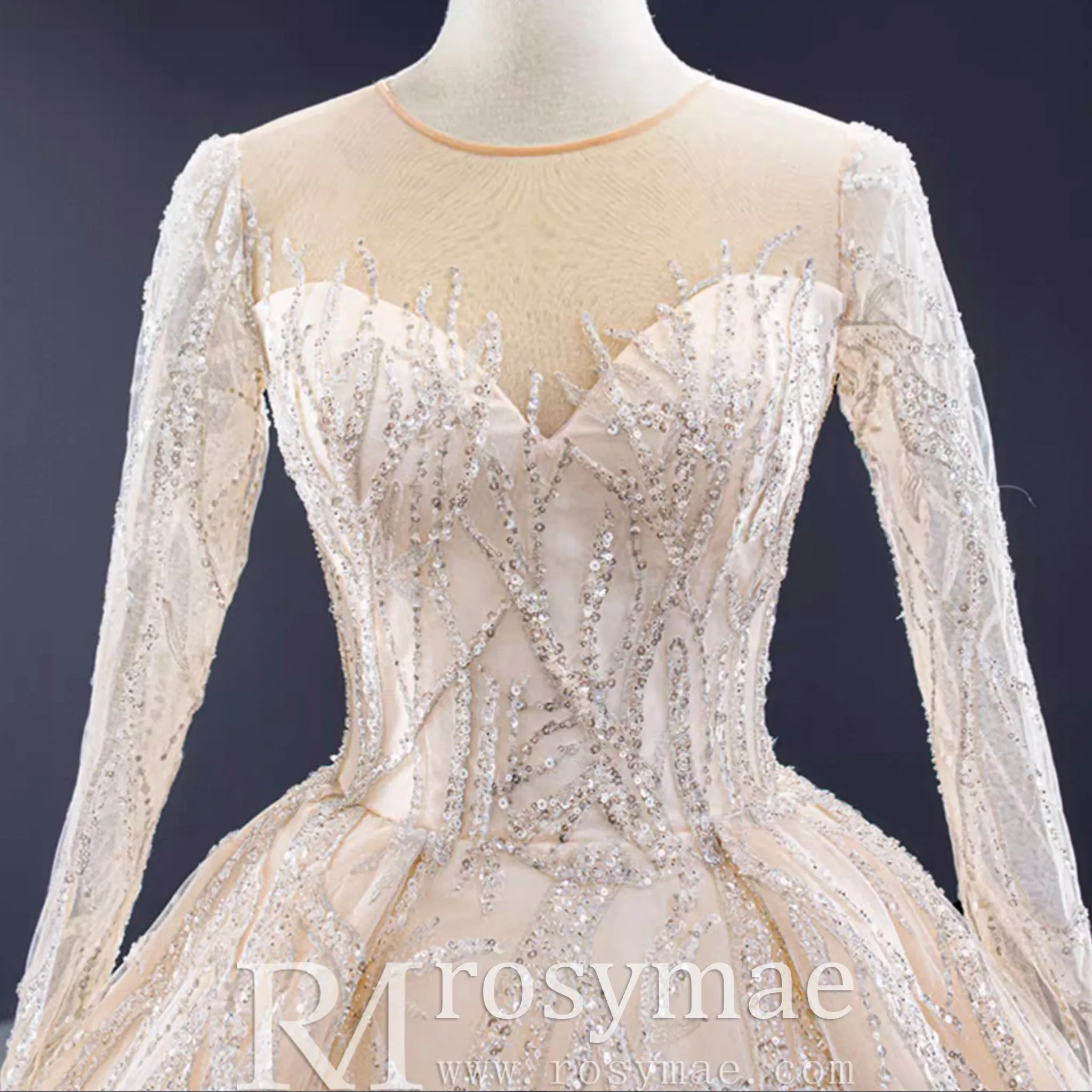 Champagne Ball Gown Tulle Sequins Long Sleeve Wedding Dress