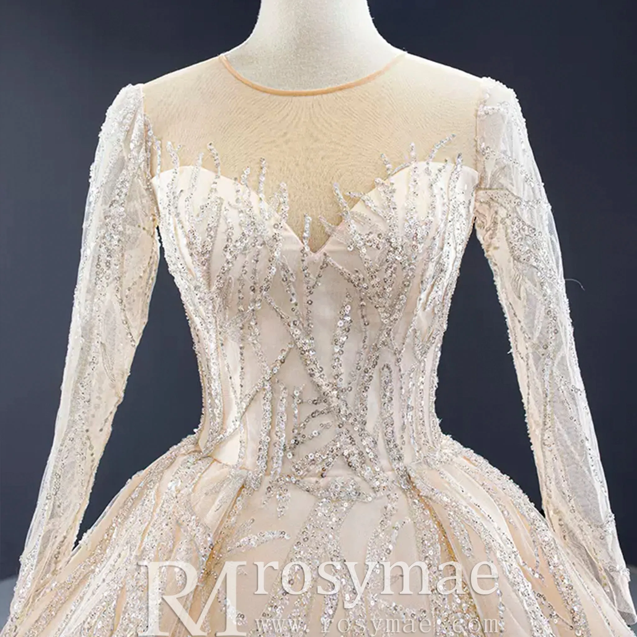 Champagne Ball Gown Tulle Sequins Long Sleeve Wedding Dress