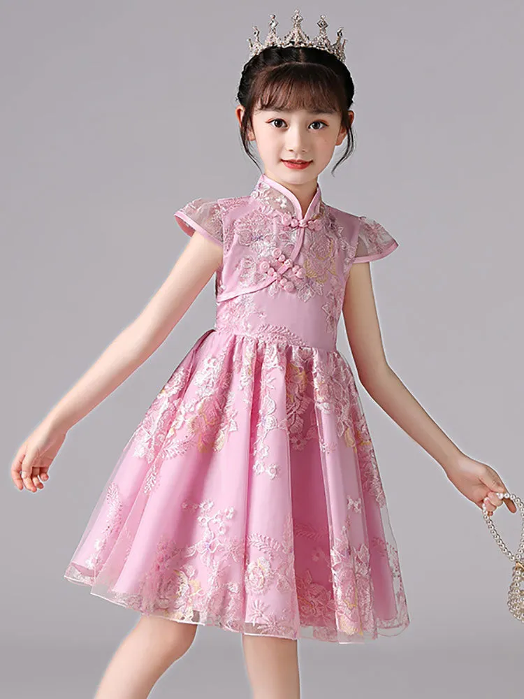 Champagne Designed Neckline Short Sleeves Bows Short Kids Party Dresses