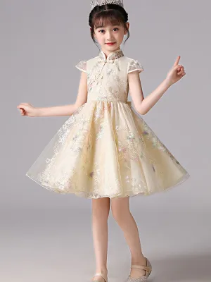 Champagne Designed Neckline Short Sleeves Bows Short Kids Party Dresses