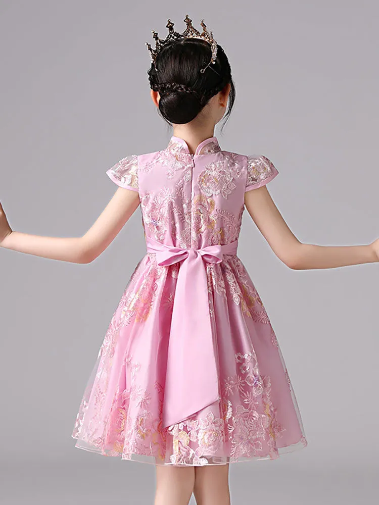 Champagne Designed Neckline Short Sleeves Bows Short Kids Party Dresses