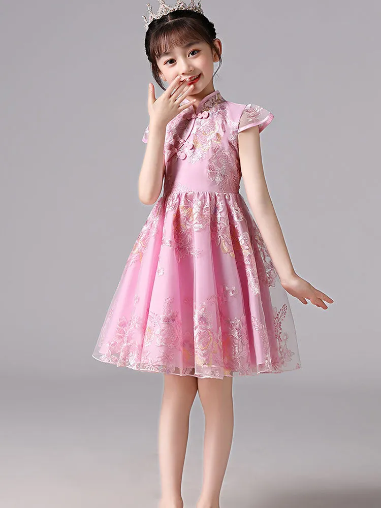 Champagne Designed Neckline Short Sleeves Bows Short Kids Party Dresses