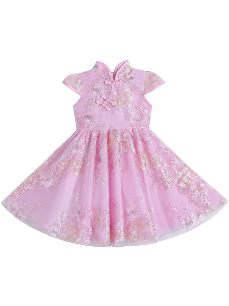 Champagne Designed Neckline Short Sleeves Bows Short Kids Party Dresses