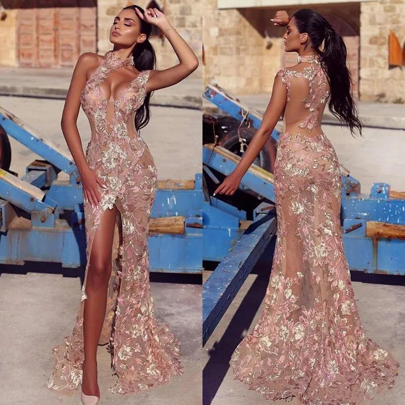 Champagne Lace Appliqued Sleeveless Long Dress
