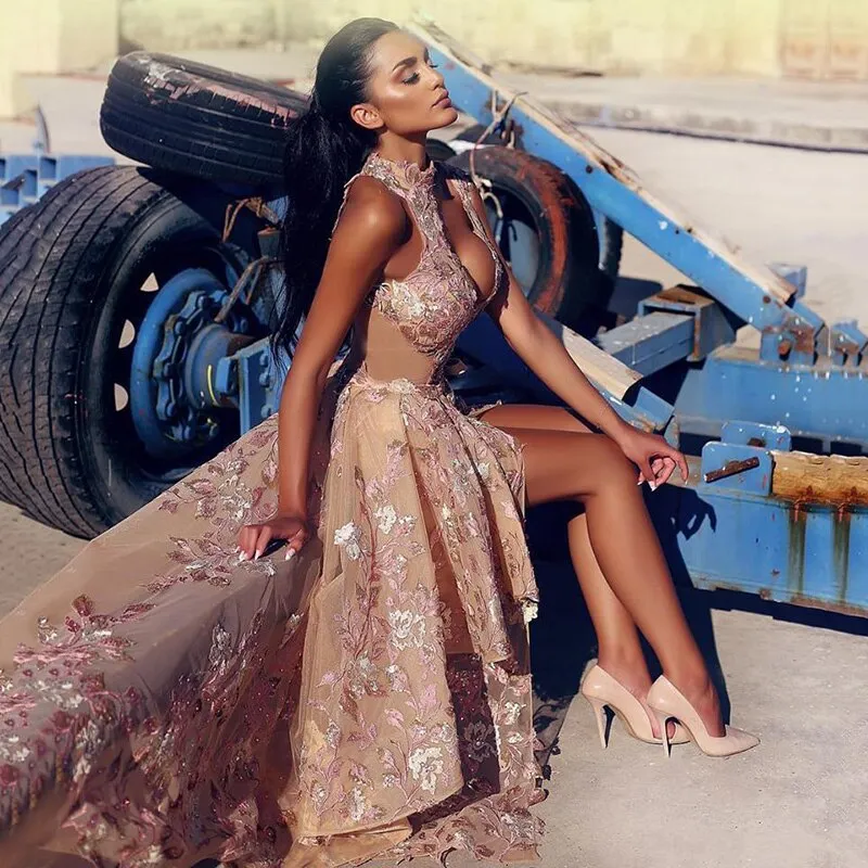 Champagne Lace Appliqued Sleeveless Long Dress
