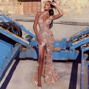 Champagne Lace Appliqued Sleeveless Long Dress
