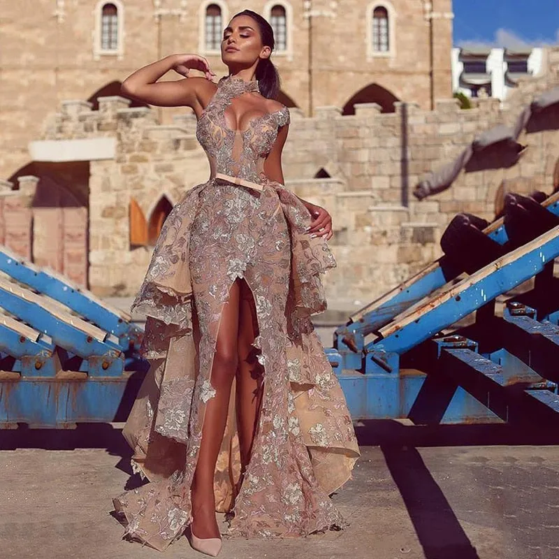Champagne Lace Appliqued Sleeveless Long Dress