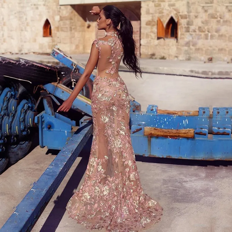 Champagne Lace Appliqued Sleeveless Long Dress