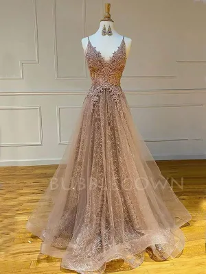 Champagne Lace V-neck Tulle A-line Long Evening Prom Dresses, MR7272