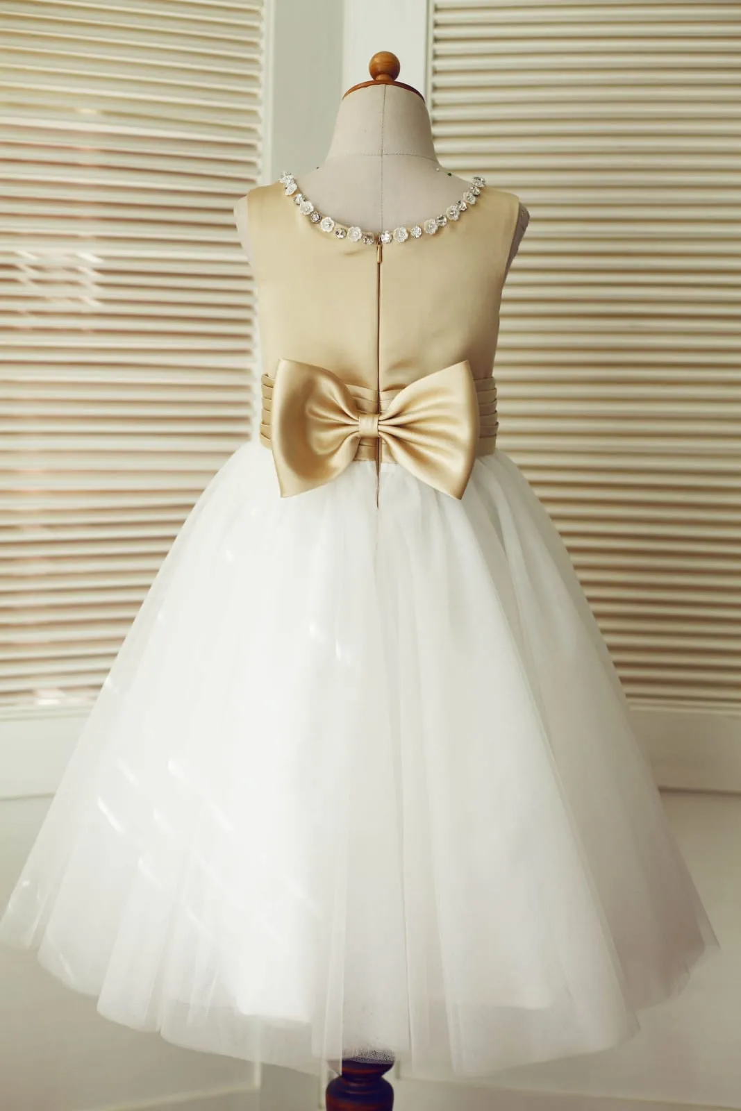Champagne Satin Ivory Tulle Wedding Flower Girl Dress, Beaded Neckline