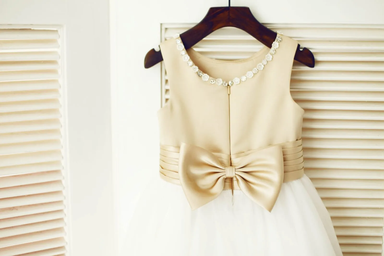 Champagne Satin Ivory Tulle Wedding Flower Girl Dress, Beaded Neckline
