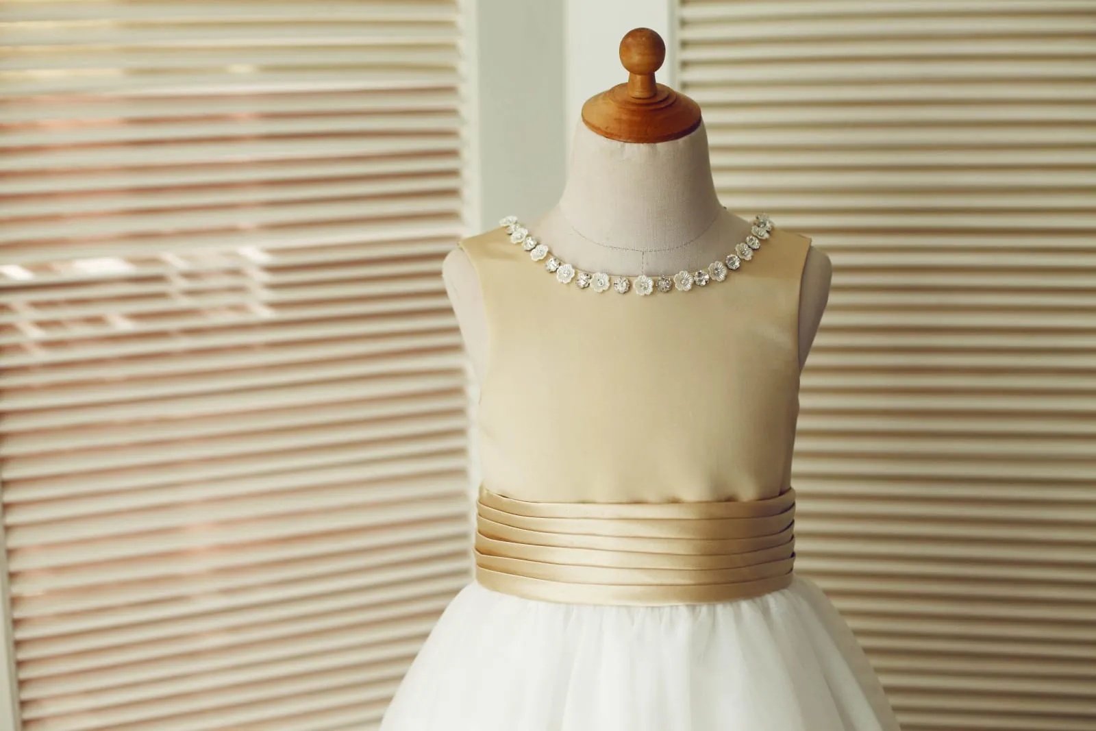 Champagne Satin Ivory Tulle Wedding Flower Girl Dress, Beaded Neckline