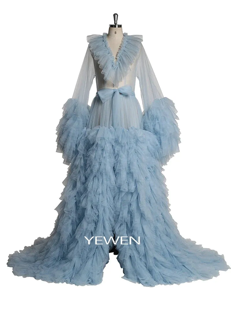 Champagne V-neck Ruffled Long Sleeve Maternity Dress For Photo Shoot Ball Gown Dress