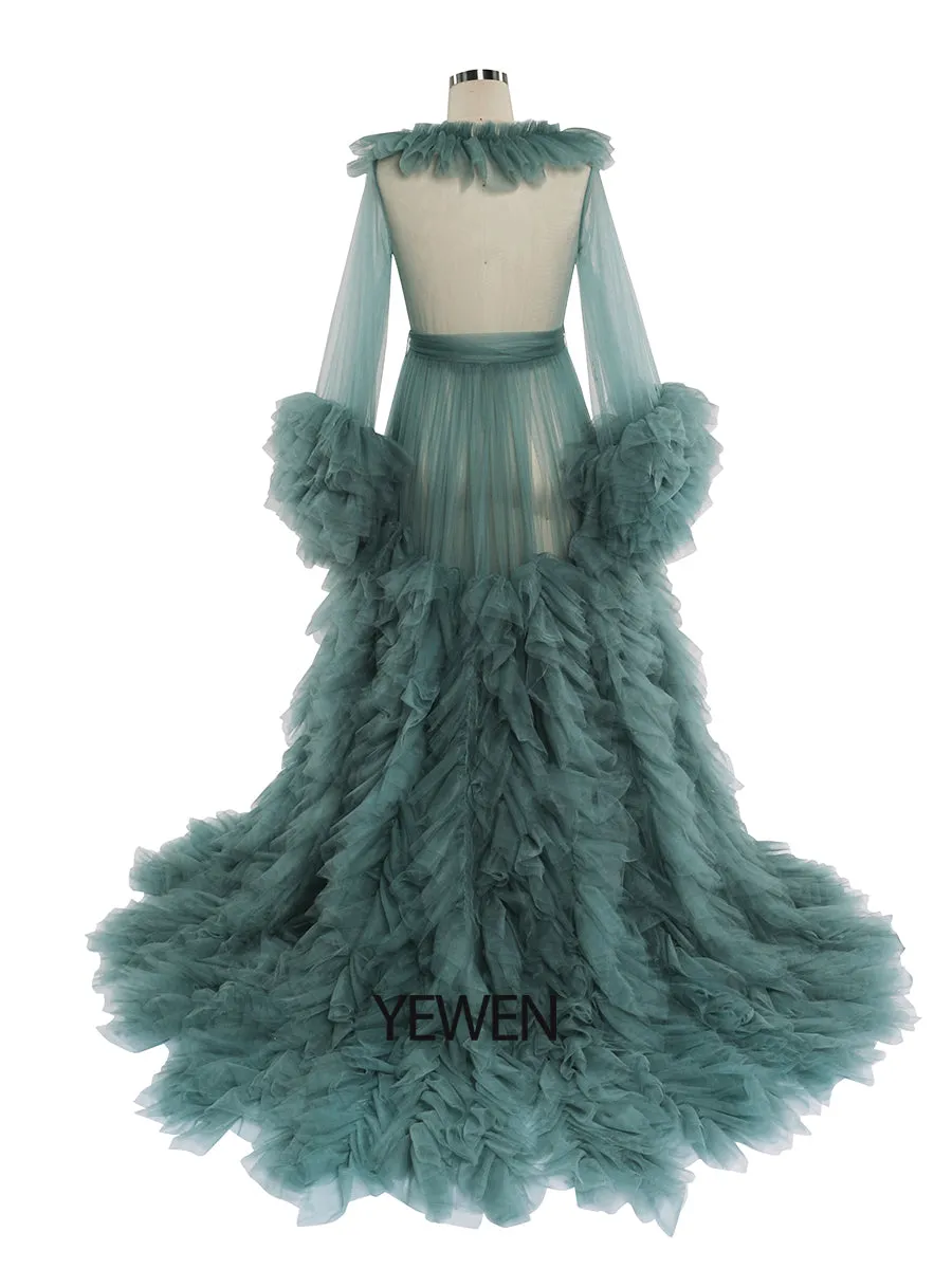 Champagne V-neck Ruffled Long Sleeve Maternity Dress For Photo Shoot Ball Gown Dress