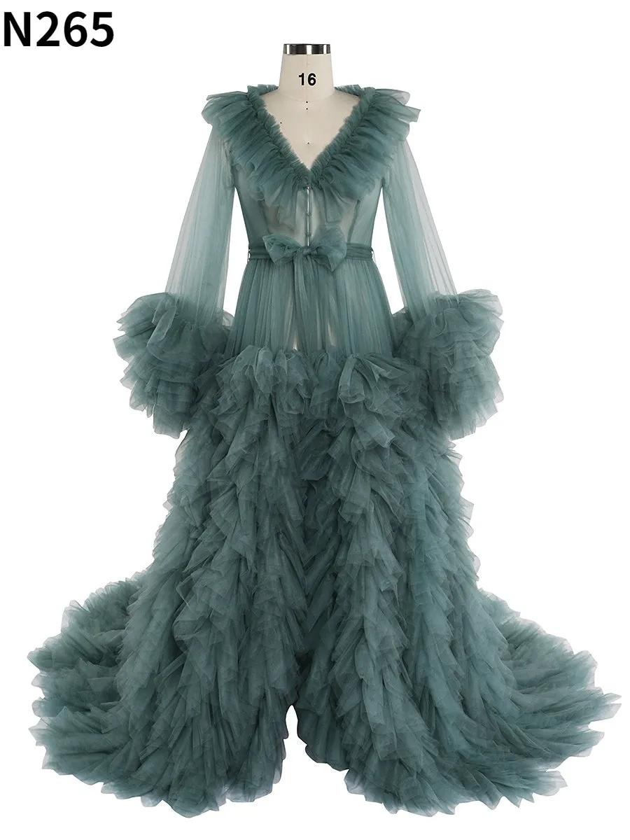 Champagne V-neck Ruffled Long Sleeve Maternity Dress For Photo Shoot Ball Gown Dress