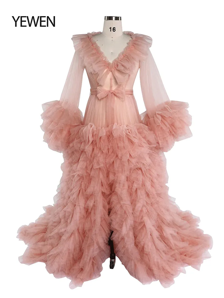 Champagne V-neck Ruffled Long Sleeve Maternity Dress For Photo Shoot Ball Gown Dress