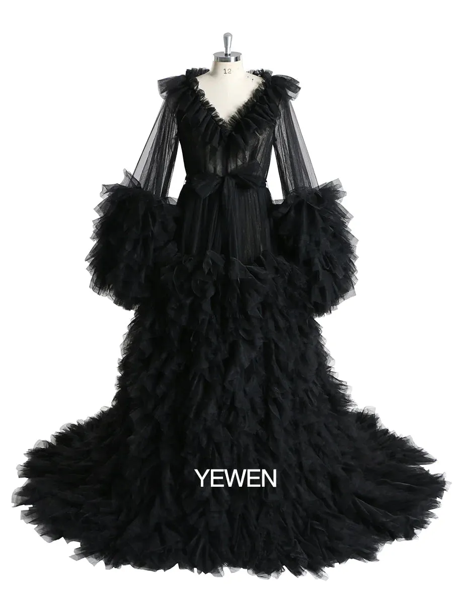 Champagne V-neck Ruffled Long Sleeve Maternity Dress For Photo Shoot Ball Gown Dress