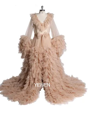 Champagne V-neck Ruffled Long Sleeve Maternity Dress For Photo Shoot Ball Gown Dress