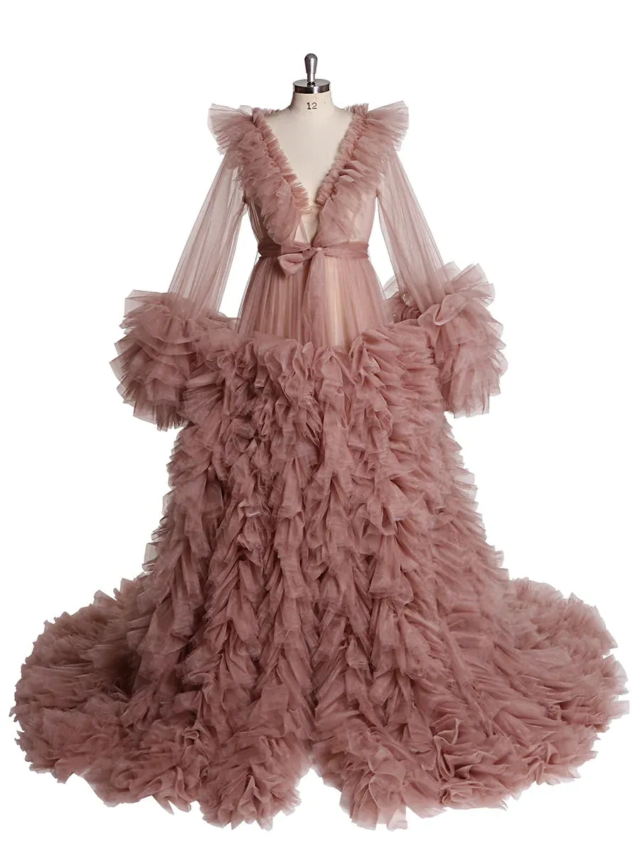 Champagne V-neck Ruffled Long Sleeve Maternity Dress For Photo Shoot Ball Gown Dress