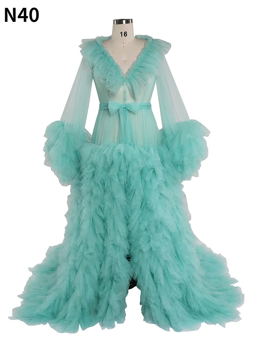 Champagne V-neck Ruffled Long Sleeve Maternity Dress For Photo Shoot Ball Gown Dress