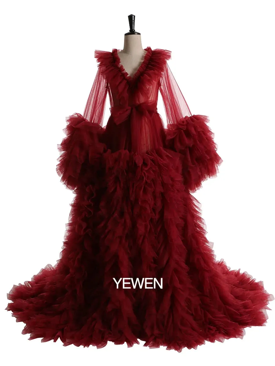 Champagne V-neck Ruffled Long Sleeve Maternity Dress For Photo Shoot Ball Gown Dress