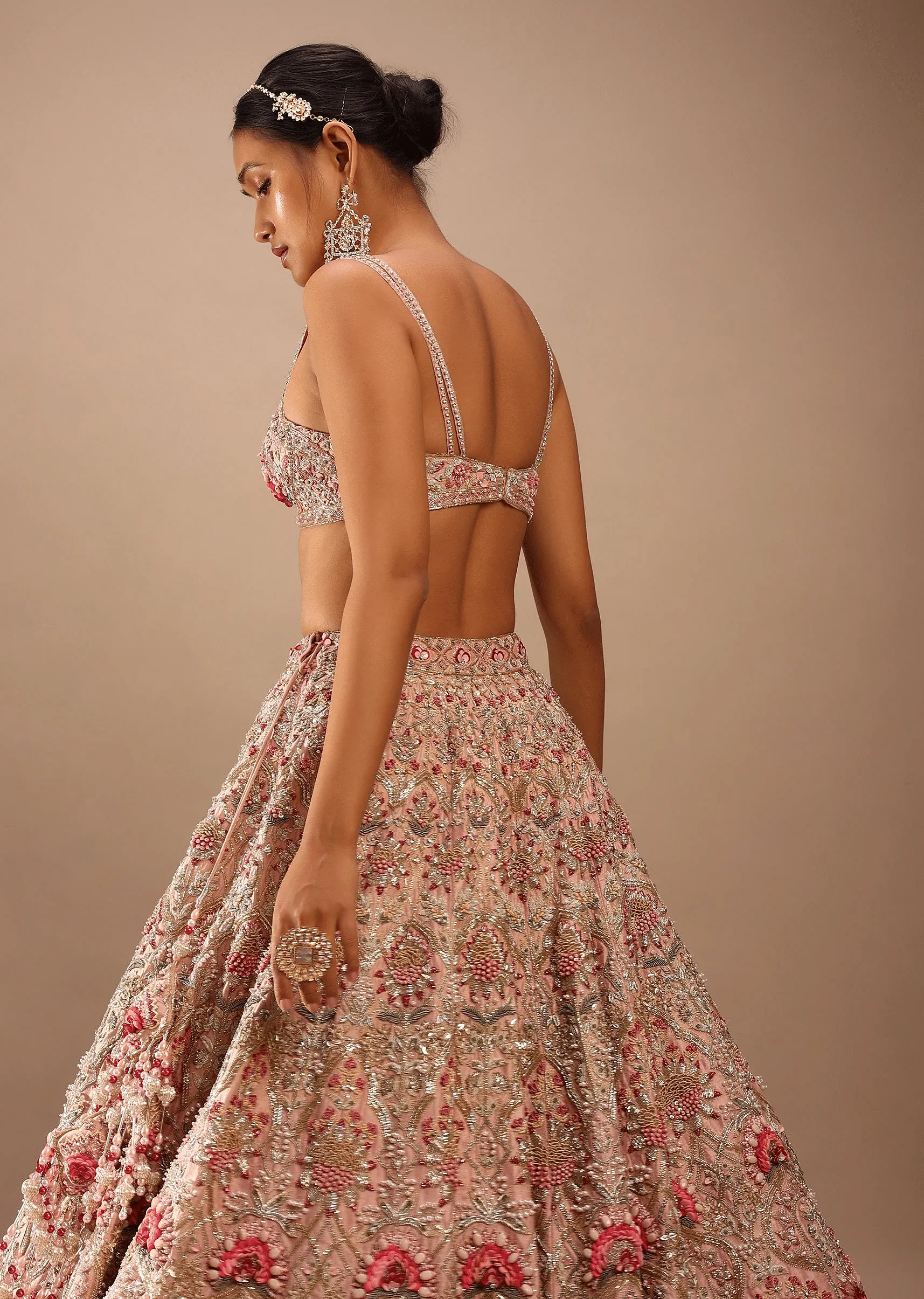 Charm Pink Rumi Lehenga Set With Matching Crop Top In 3D Flower Motifs And Abla Embroidery