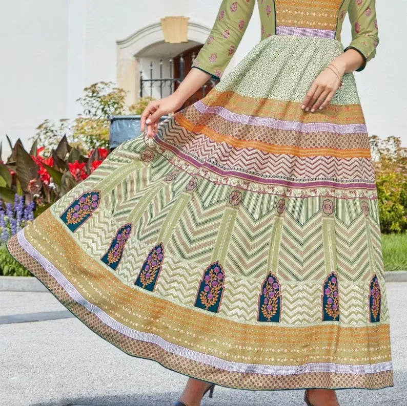 Charming Light Green Round Neck Printed Slub Rayon Long Dress