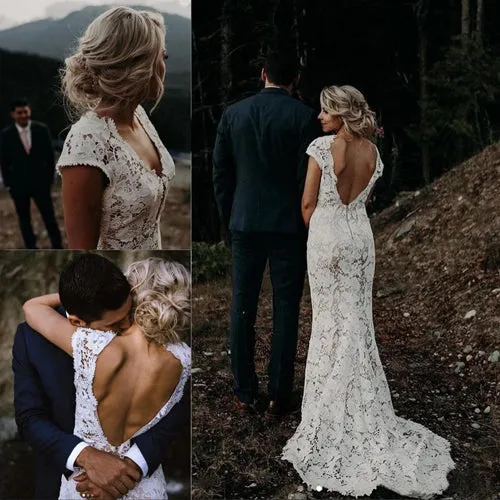 Charming Mermaid Lace Ivory Cap Sleeves Wedding Dresses, Bridal Dresses,MW481