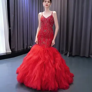 Charming Organza Mermaid Evening Dress Ruffles Long Prom Dress