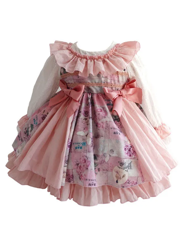 Children's Sweet Lolita Dress Headwear Pink Ruffles Polyester Long Sleeve Bow Kids One Piece Dress Hat