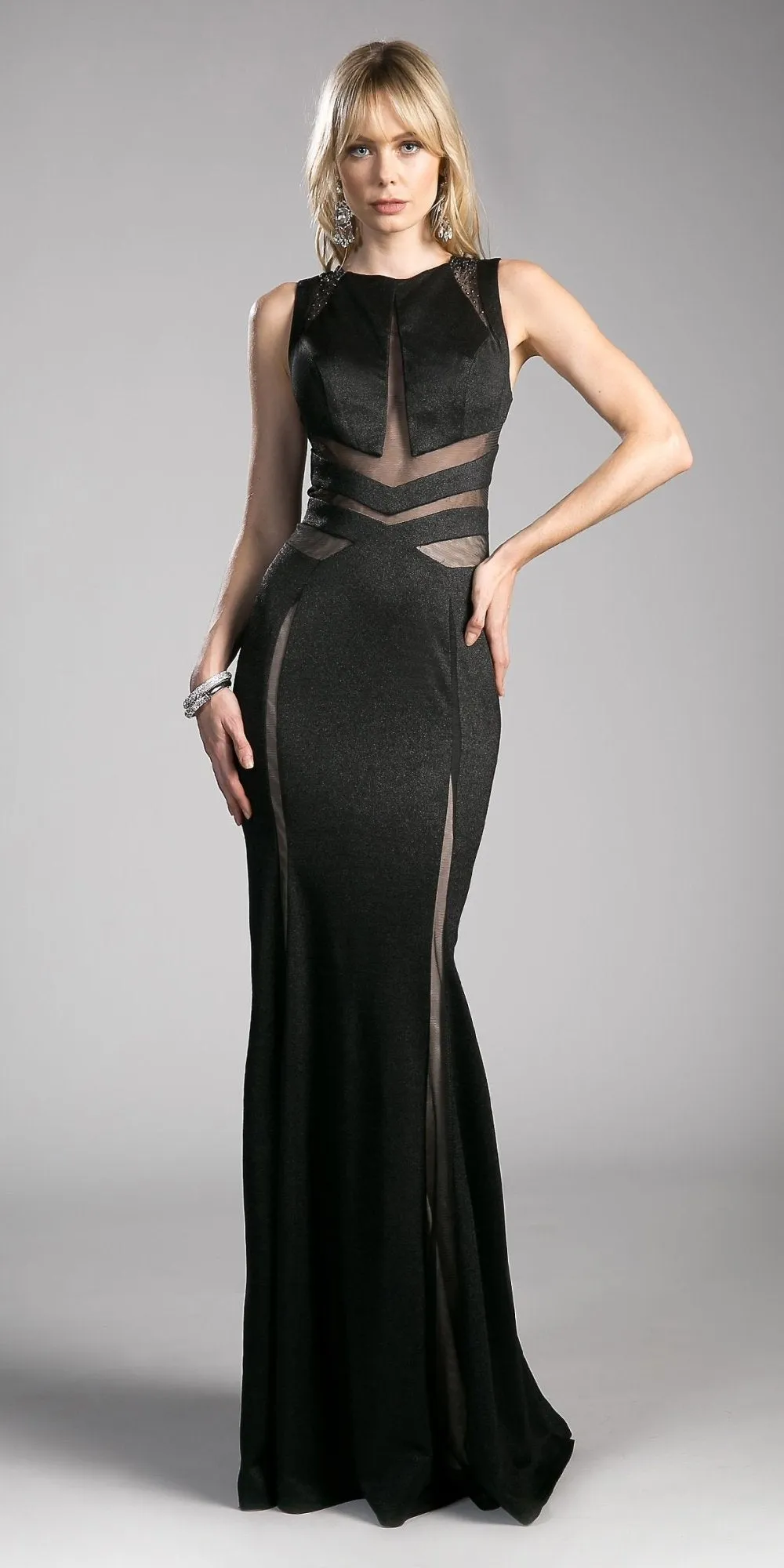 Cinderella Divine 84792 Sleeveless Sheer Cut Out Gown Beaded