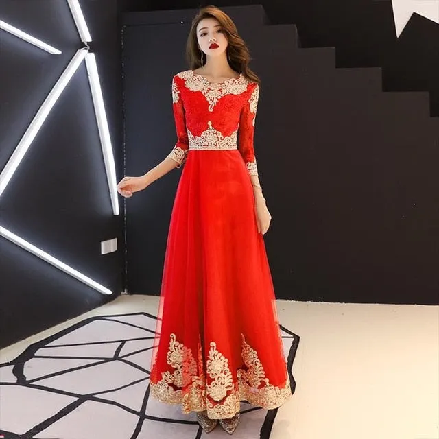 Classic Elegant Lace Embroidery Cheongsam O-Neck Women Dress