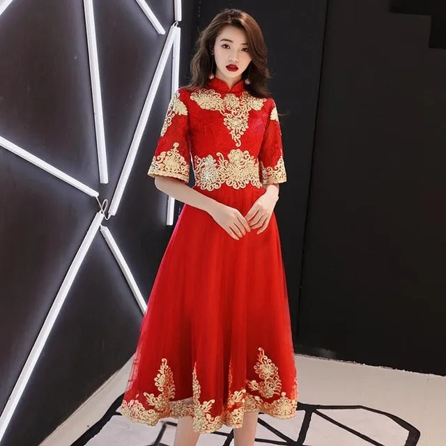 Classic Elegant Lace Embroidery Cheongsam O-Neck Women Dress