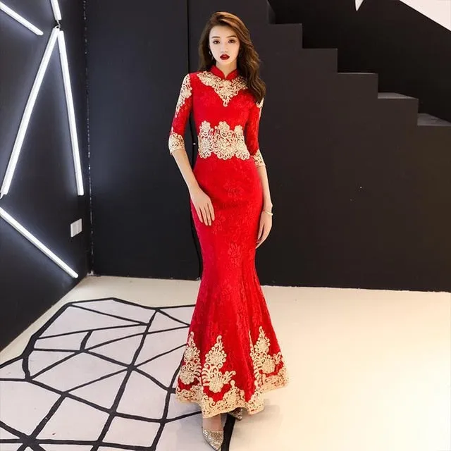 Classic Elegant Lace Embroidery Cheongsam O-Neck Women Dress