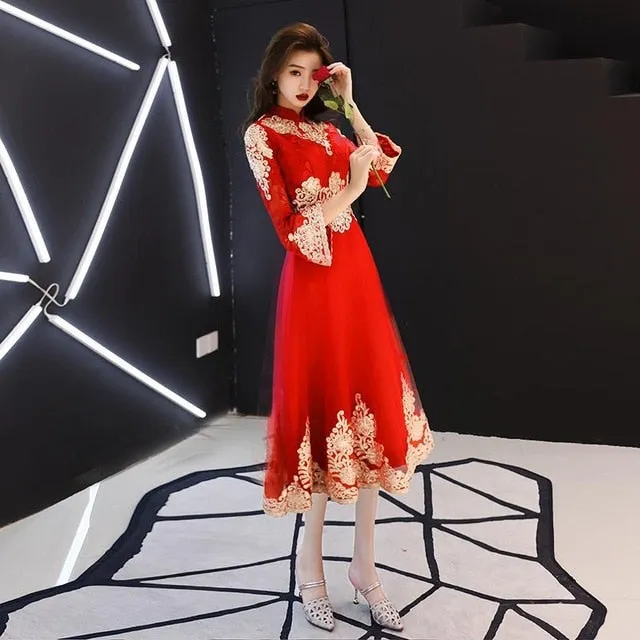 Classic Elegant Lace Embroidery Cheongsam O-Neck Women Dress