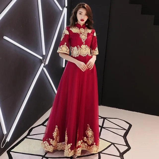 Classic Elegant Lace Embroidery Cheongsam O-Neck Women Dress