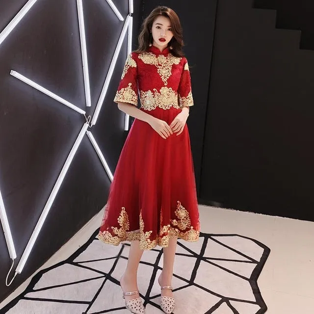 Classic Elegant Lace Embroidery Cheongsam O-Neck Women Dress
