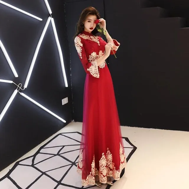 Classic Elegant Lace Embroidery Cheongsam O-Neck Women Dress