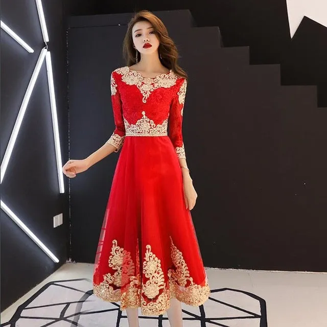 Classic Elegant Lace Embroidery Cheongsam O-Neck Women Dress