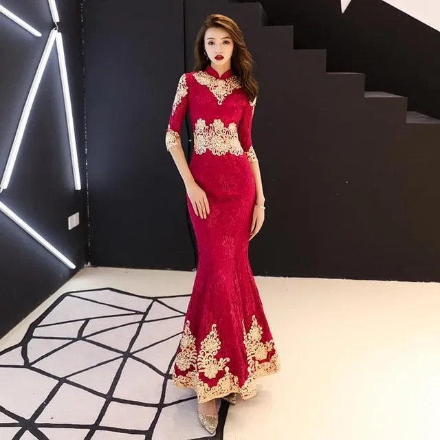 Classic Elegant Lace Embroidery Cheongsam O-Neck Women Dress