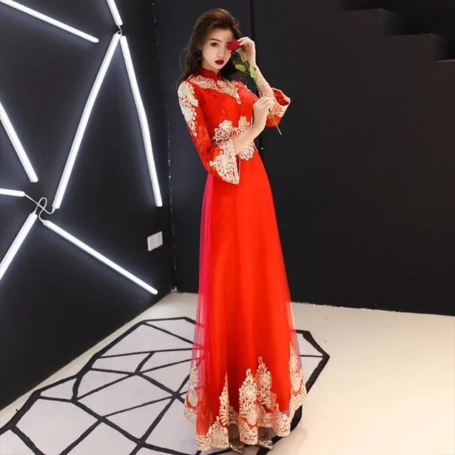 Classic Elegant Lace Embroidery Cheongsam O-Neck Women Dress