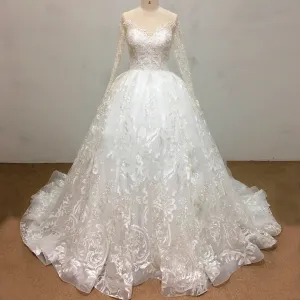 Classic Long Sleeve Ball Gown Lace Overlay Wedding Dress