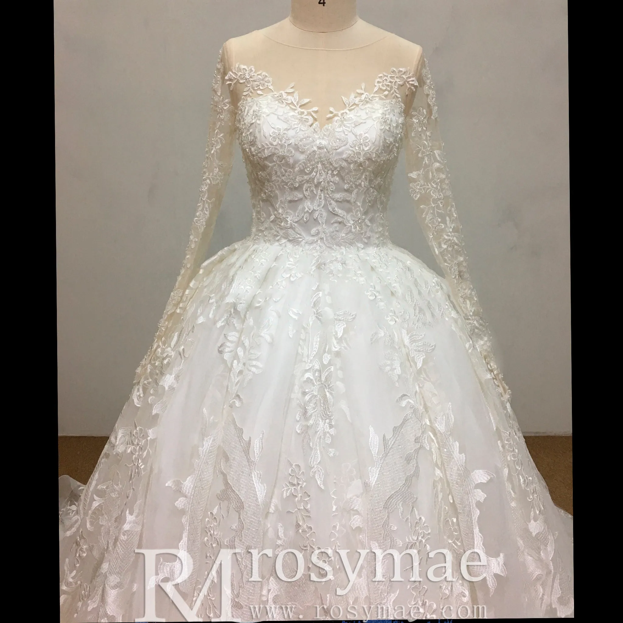 Classic Long Sleeve Ball Gown Lace Overlay Wedding Dress