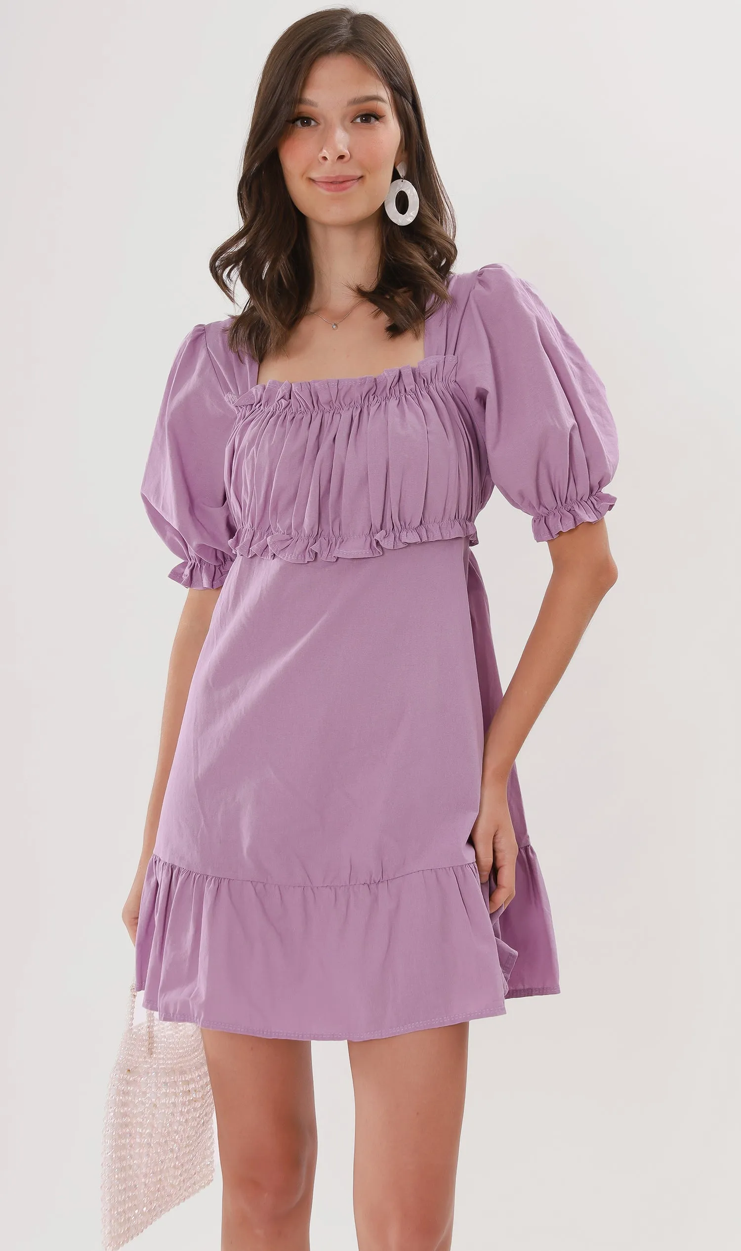CLAUDETTE Ruched-Bust Ruffled Dress (Lilac)
